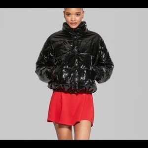 Patent leather puffer coat